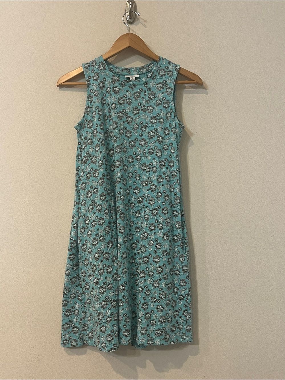 J. Jill XS Petite Floral Sleeveless Swing Dress Aqua Blue Pockets Casual Midi